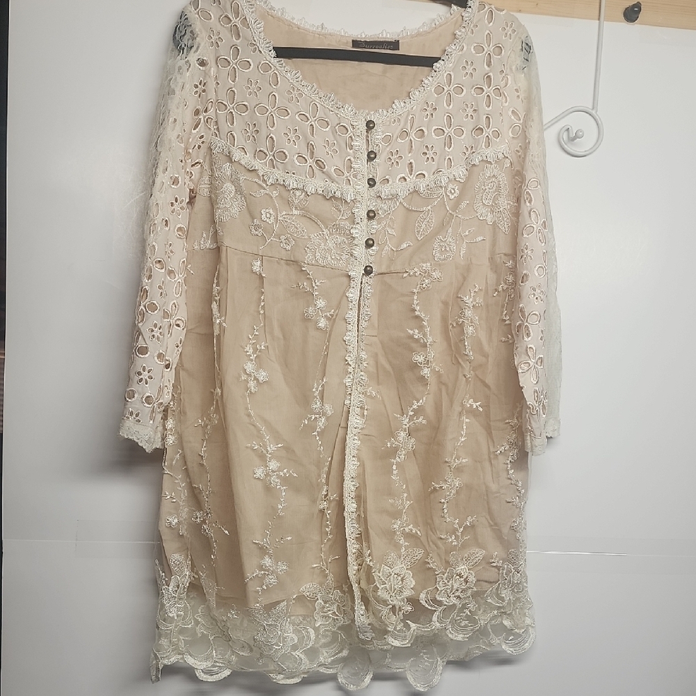 Surrealist Boutique Lace Embroidered Cream Tunic Dress Hippie Boho Beautiful
